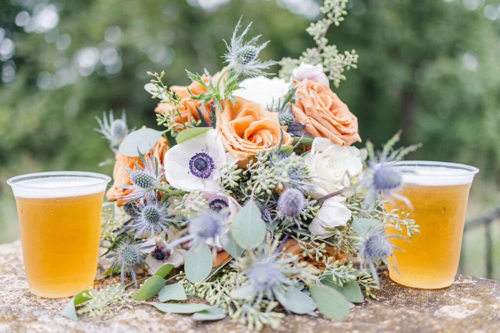 Wedding bouquet with two beers as details