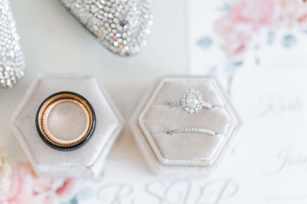 bridal ring and groom ring on flat lay details shot